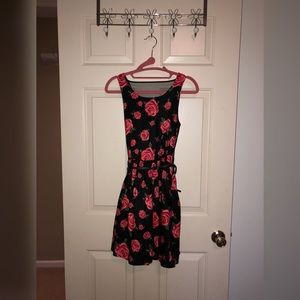 Black and red floral flare mini dress